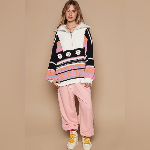 99. POL LAST 1! Ski Pullover Sweater Oversized Chenille Flower Long Sleeve Zip - Picture 3 of 6